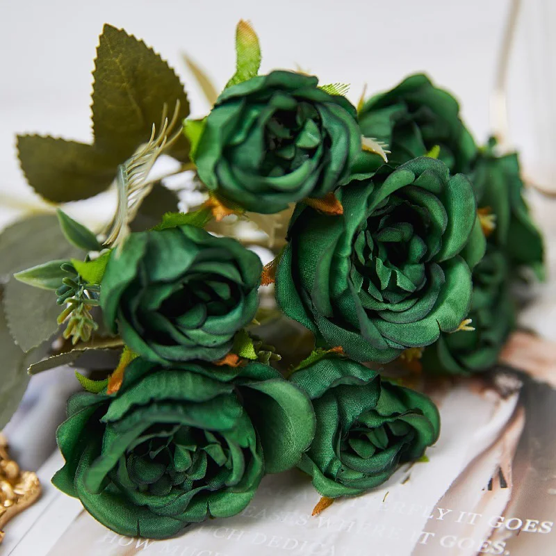 Vintage Artificial Flowers 8 Heads Silks Peony Small Green Rose Decorations Fake Flower Wedding Table Party Bouquet Home Decor