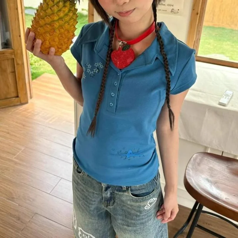 اليابانية كلية نمط الأزرق قميص بولو بأكمام قصيرة تي شيرت Y2K المرأة الرجعية عادية التنقل ثقافة فرعية المرأة #1