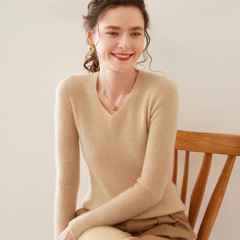 

V-Neck Slim Fit Cashmere Sweater For Women's AutumnWinter Solid Color Basic Style Versatile Slim fit Pullover Jumper Knit Top