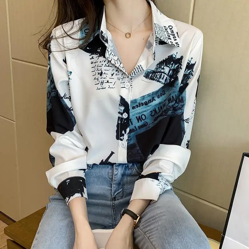 Mode Vrouwen Kleding 2022 Lente Herfst Polo-Hals Retro Hong Kong Smaak Brief Print Lange Mouwen Casual Button Chiffon shirt