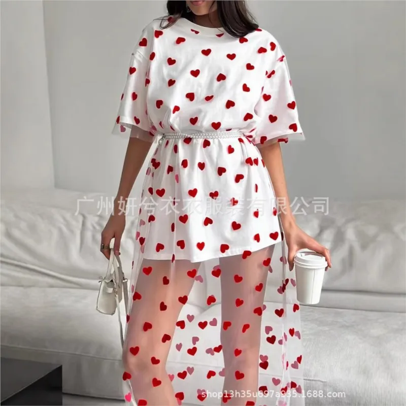 2025 Heart-shaped Print Dress Mesh Splicing Loose Short Sleeve T-shirt Cotton O-neck Fashion Chic New Summer Dresses for Women