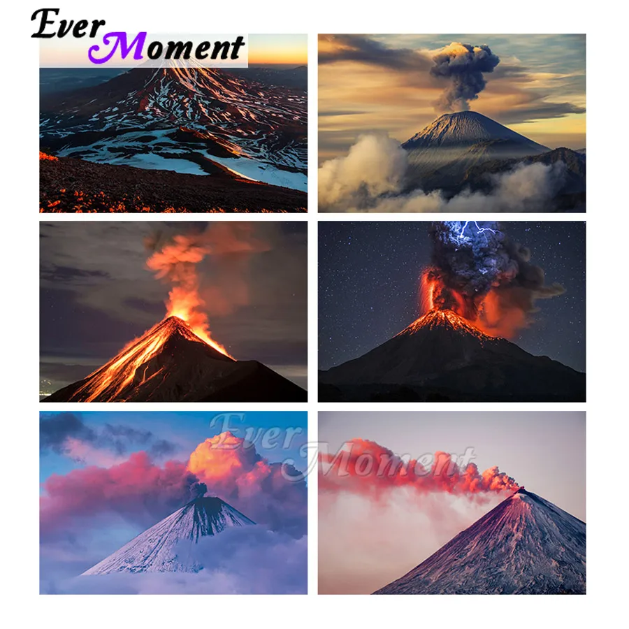 Ever Moment Diamond Painting Mosaic Cross Stitch Kits Rhinestone Picture Home Decor Scenic Volcano Eruption Smoke Lava ASF2374