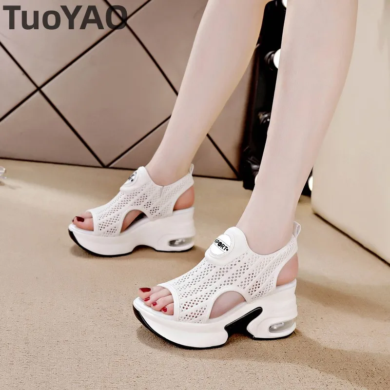 8cm Air Mesh Microfiber Leather Wedge Pumps Platform New Fashion Summer Peep Toe Slip-On Women Sandal Slippers Shoes White Black