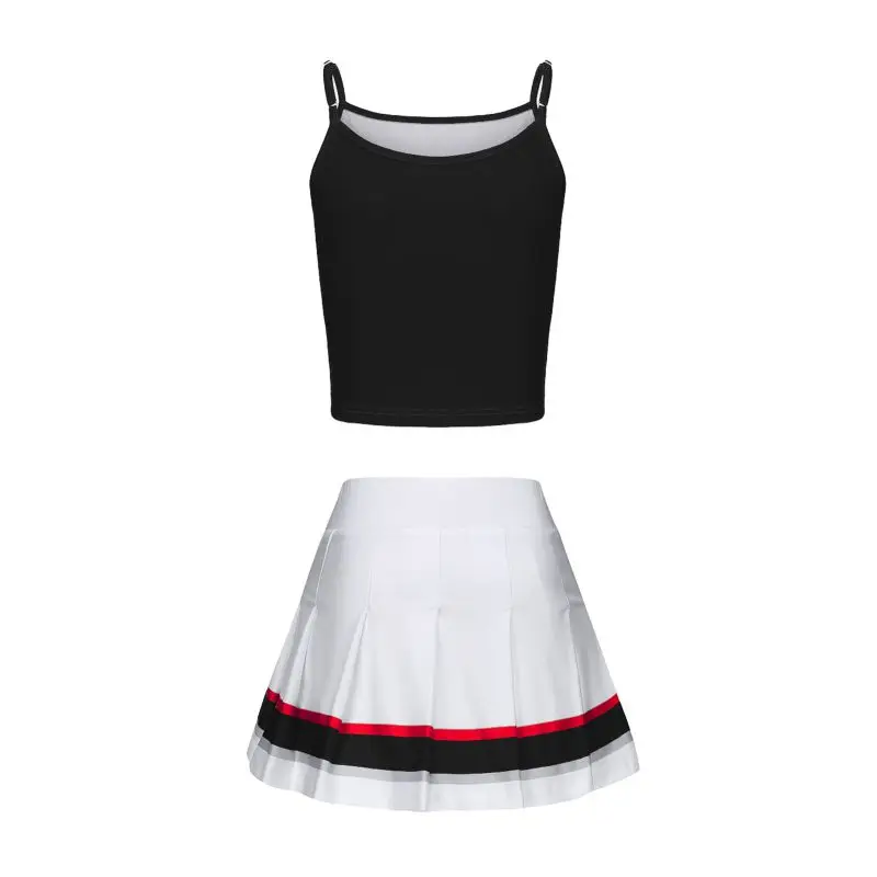 5-14 Years Children Girls Cheerleading Uniform Dance Costume Kids Camisole with Pleated Skirt and 2Pcs Cheer Pompoms