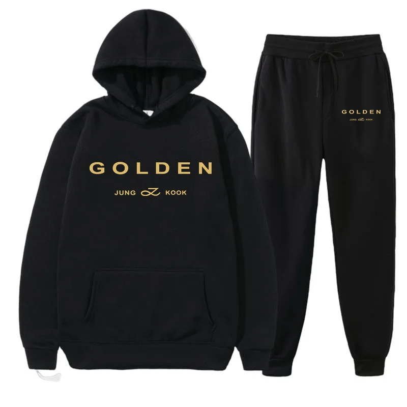 Jungkook Kpop Men\'s Sets 2 Piece Hoodie and Pants Men Women Golden Album Merch Hoodie Set Tops Classic Fashion Sportwear Outfit