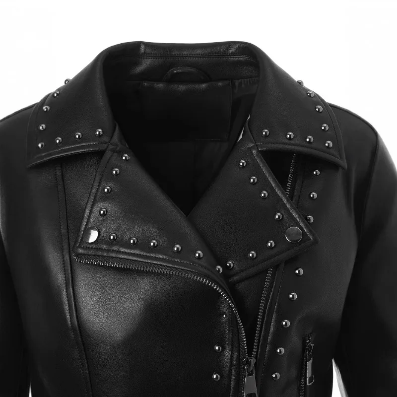 Jaqueta de couro preta de ajuste regular feminina high street moto biker jaqueta outono blusão punk rebite jaqueta bomber roupas femininas