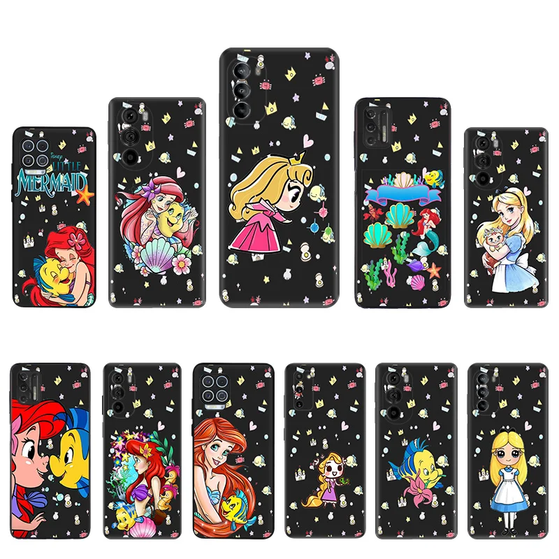 Black Soft Phone Case for Motorola G32 G50 G51 5G G60 G71 G22 G52 G72 G53 G73 G60S Moto G9 Power Alice Little Mermaid Cute Cover