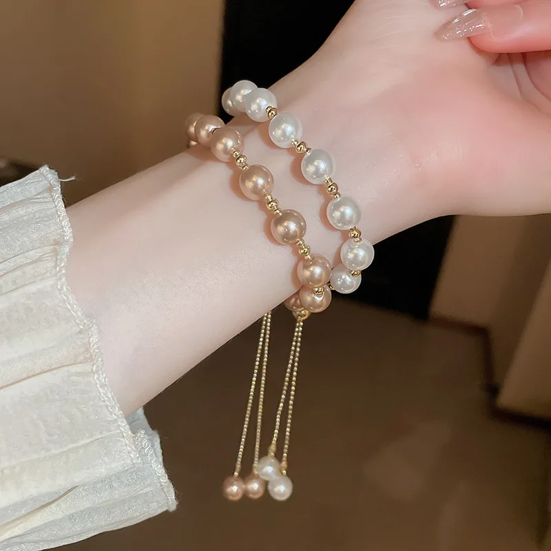 

Delicate Sliding Adjustable Pearl Bracelet Gold Plated Ball Chain Dainty Beaded Wrist Jewelry For Minimalist And Elegant Looks