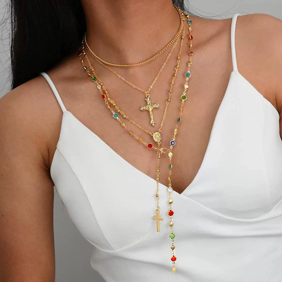 4Pcs Trendy Kreuz Anhänger Halskette Für Frauen Bunte Kristall Kette Rosenkranz Y Halskette Weibliche Mode-Schmuck Geschenk
