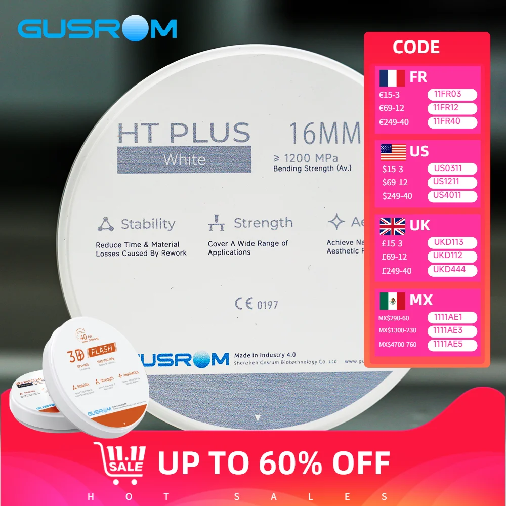 

GUSROM HT PLUS Zirconia Block 98mm High Strength 1200MPa 40% Translucency Dental CAD/CAM Zirconia Disc for Inlay Restoration