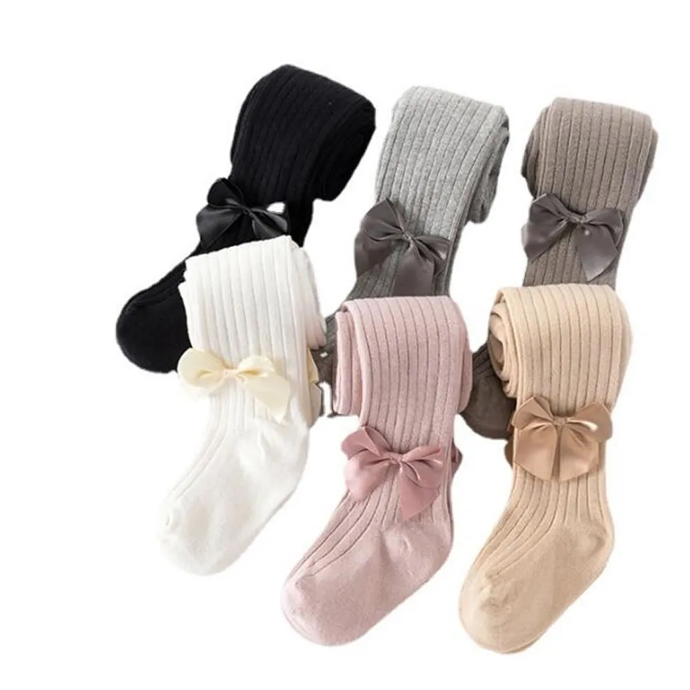 Autumn thin combed cotton children's pantyhose girl leggings solid color bow one pants.