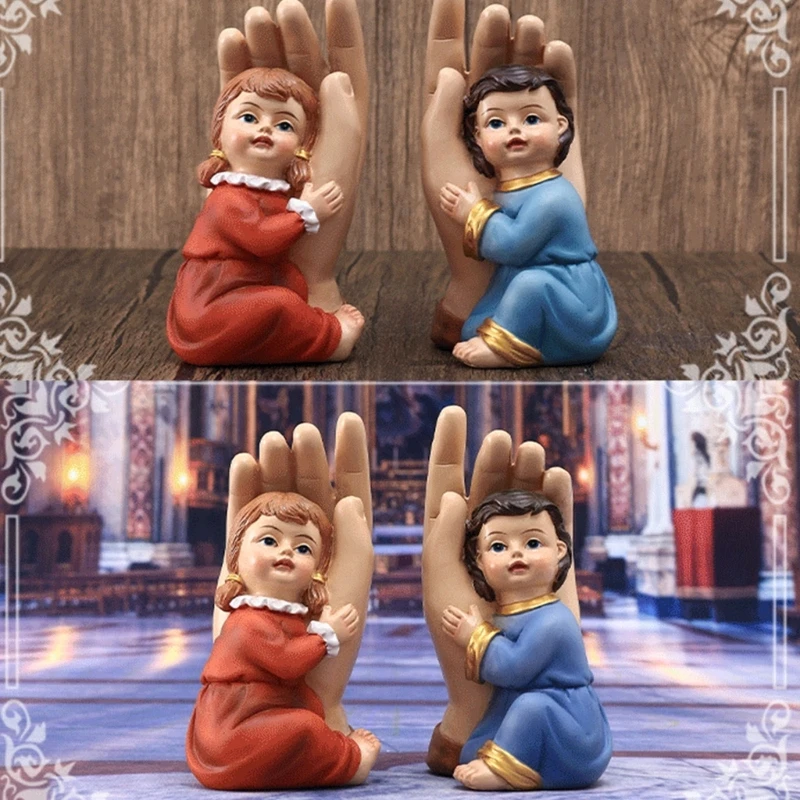 

Elegant Handcrafts Boy and Girl In Hand Figurine Set for Religious Christian Nursery and Home Church Desktop Decors Gift 87HA