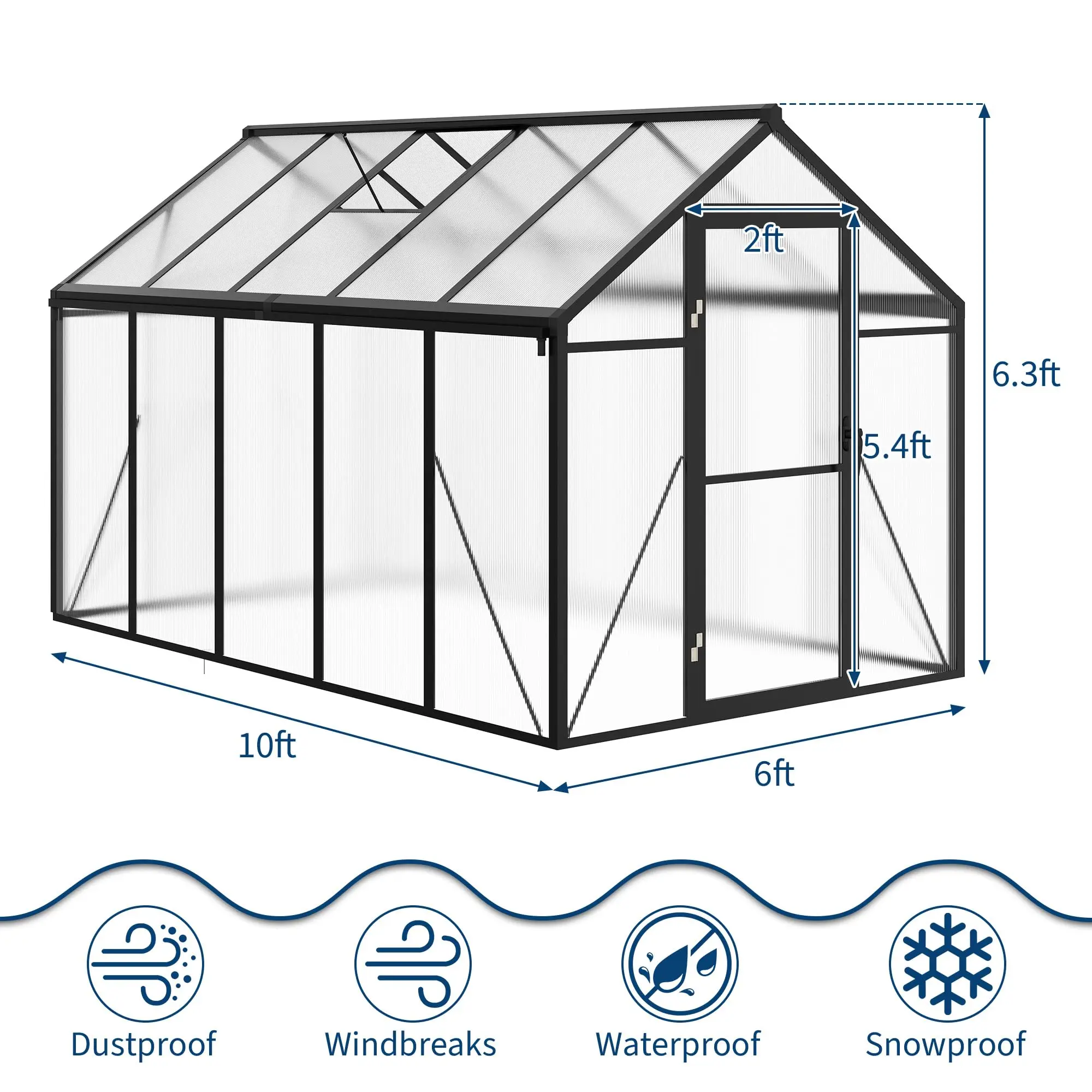 6x10 FT Polycarbonate Greenhouse For Outdoors, Aluminum Walk-In Greenhouse With Roof Vent & Lockable Door For Garden Backyard