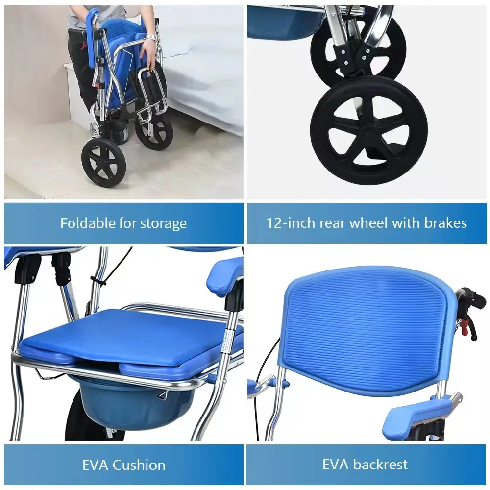 Aluminium Folding Toilet Commode Chair With Wheels Pedals Portable Handheld Mobile Bath Chair For Elderly Home Use