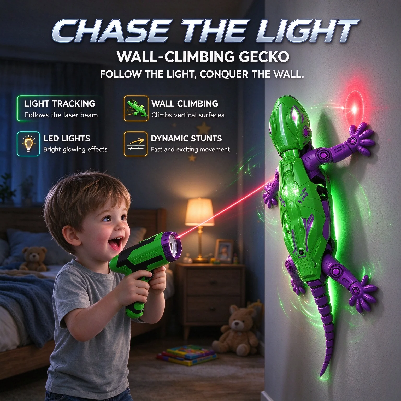 RC lizard toy, light tracking multi-faceted climbing car with laser emitter and vacuum suction cup, gift for boys and children