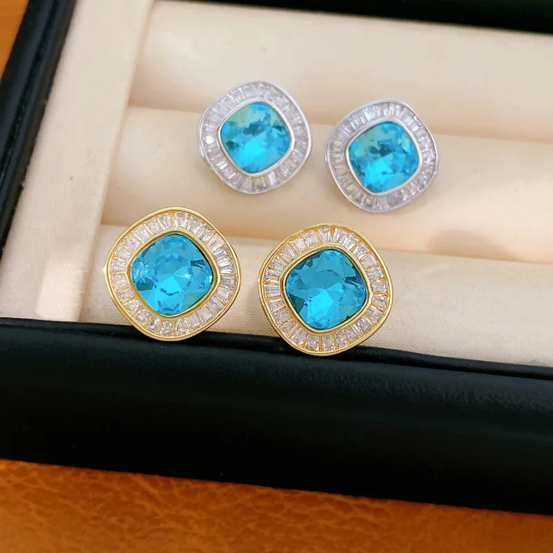 Vintage Oval & Rhombus Sea Blue Zircon Stud Earrings Baguette Crystal Halo Setting Luxury Court Style Women Earrings