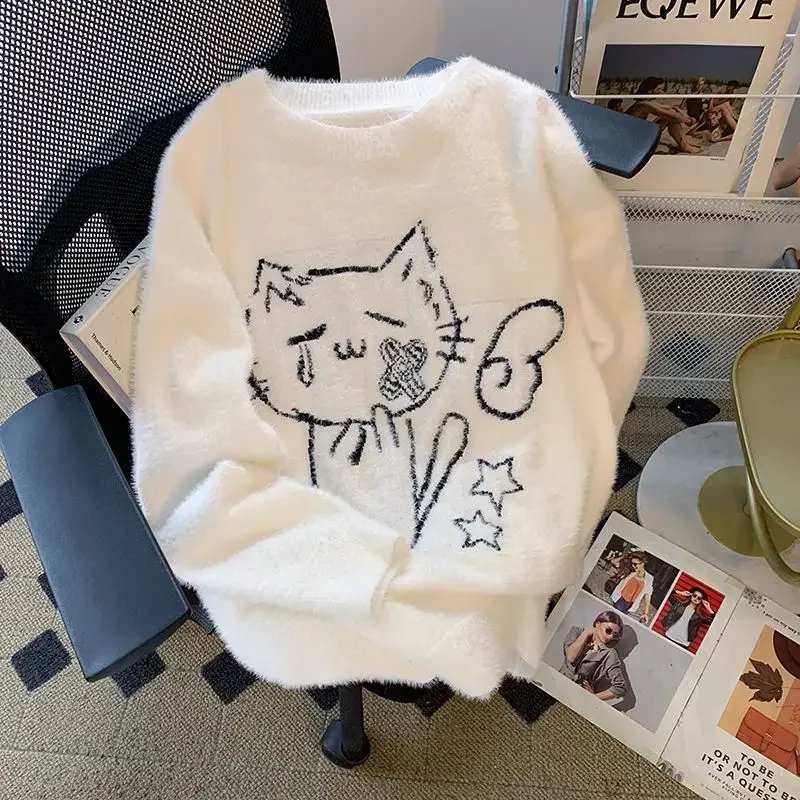 

White Cute Cat O-neck Knit Elegant Pullover Woman 2024 Winter Design Harajuku Tops Feamale Y2k Long Sleeve Retro Sweaters Mujer