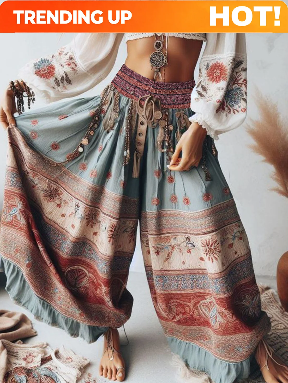 Customization Women Harajuku Thin Casual Pants Fashion Ethnic Style Floral Wide Leg Ruffle Pants Loose Elastic Waist Ankle Lengt