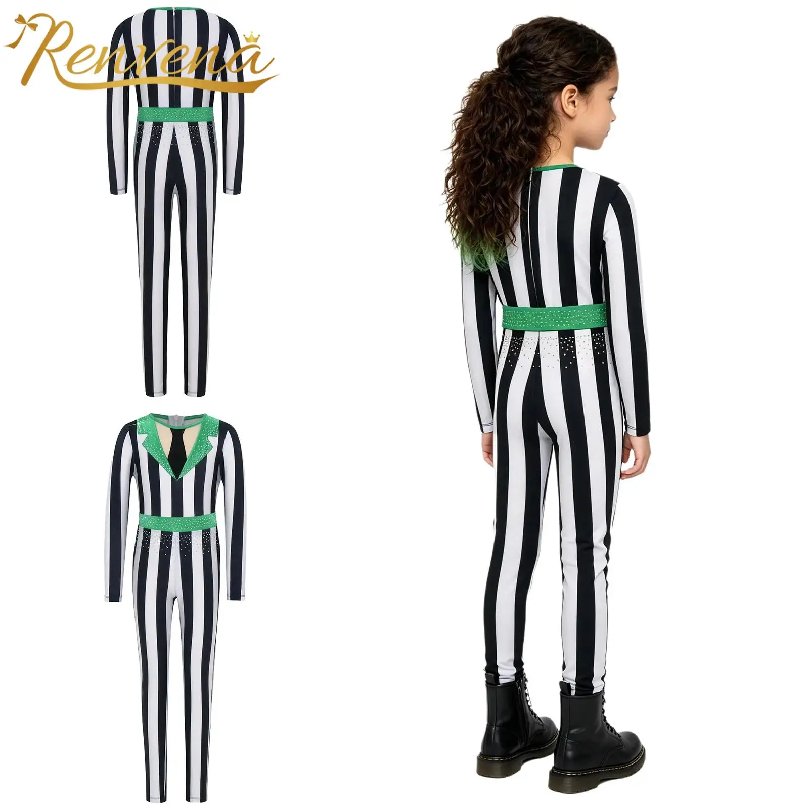 Clown Costume Children' Stripe Jumpsuits Kids Girls Shiny Rhinestone Zipper Bodysuit for Halloween Party Role-playing Costumes