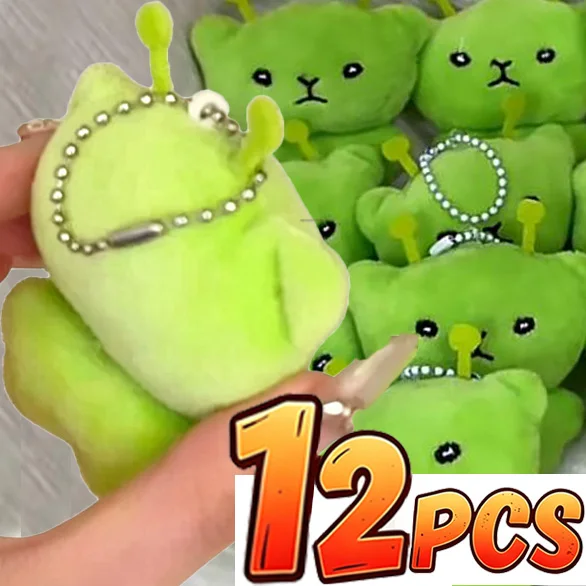 Green Mini Alien Cat Plush Pendant Keyring Green Soft Plush Key Chains Super Cute Handmade Doll Bags Pendant Gifts Decor