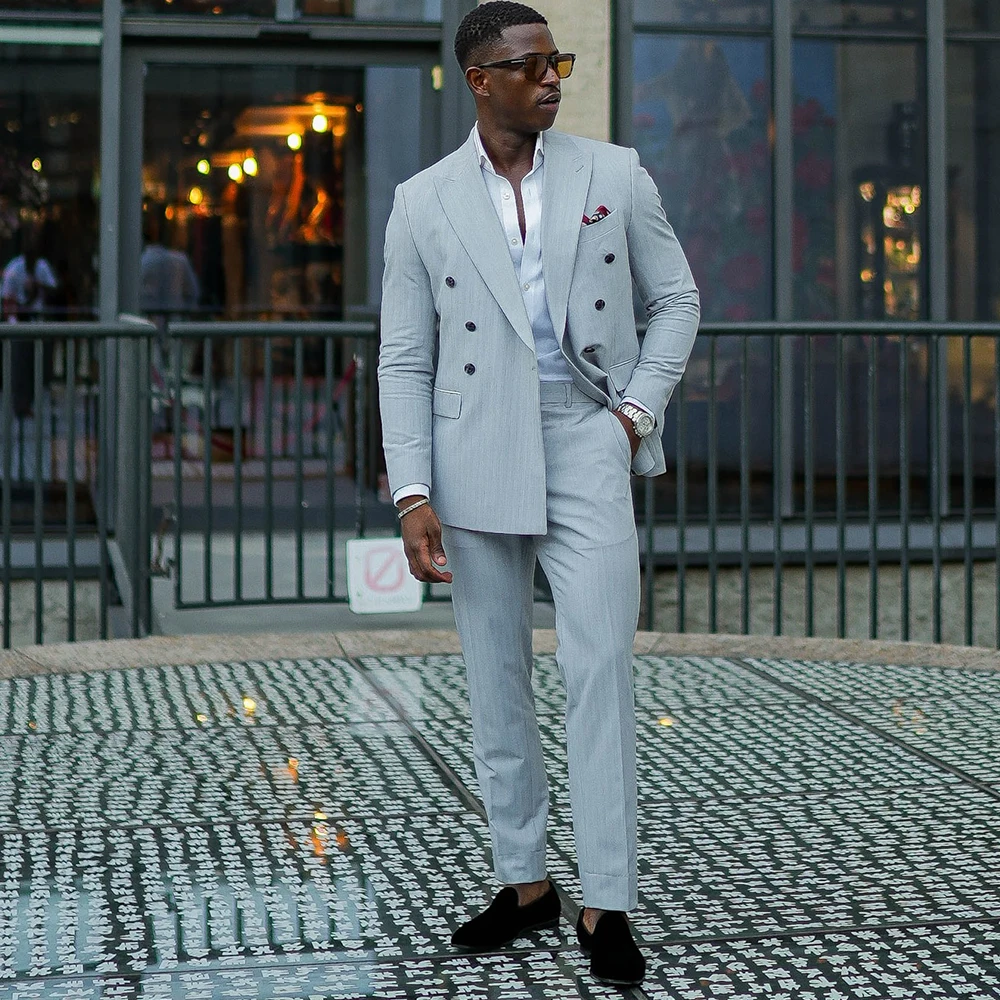 

Grey Men Suits 2 Pieces Peaked Lapel Double Breasted Elegant Wedding Suit Outfit Business Office Blazer Jacket+Pants Customized