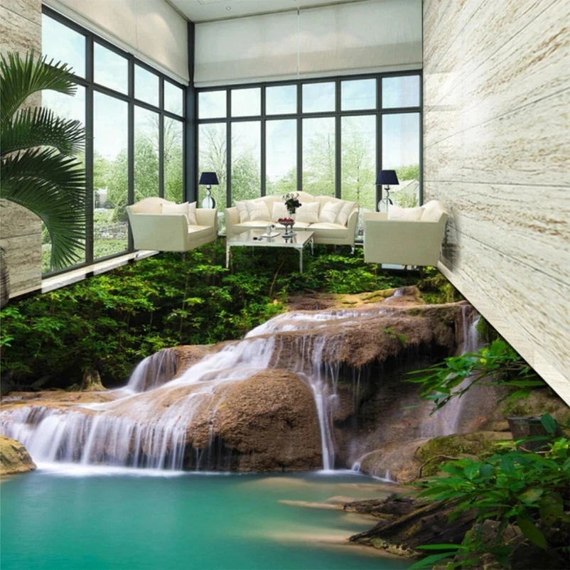Custom Photo Floor Self-adhesive Wallpaper Modern 3D Nature Waterfall Bathroom Wall Floor Mural Living Room Waterproof papel 8d