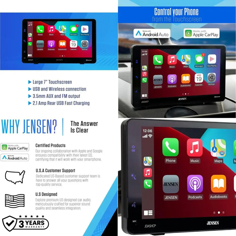 

JDASHCP 7-дюймовый портативный беспроводной автомобильный стереоэкран с креплением на приборную панель | Apple CarPlay Android Auto | Все транспортные средства | Автомобиль Грузовик RV E