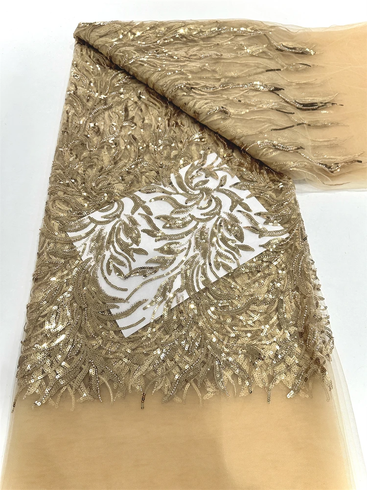 Top Selling Luxury Beaded Lace High Quality Fabric 2025 Embroidery Brown 5 Yards Lace Fabrics African Lace For Prom Dress