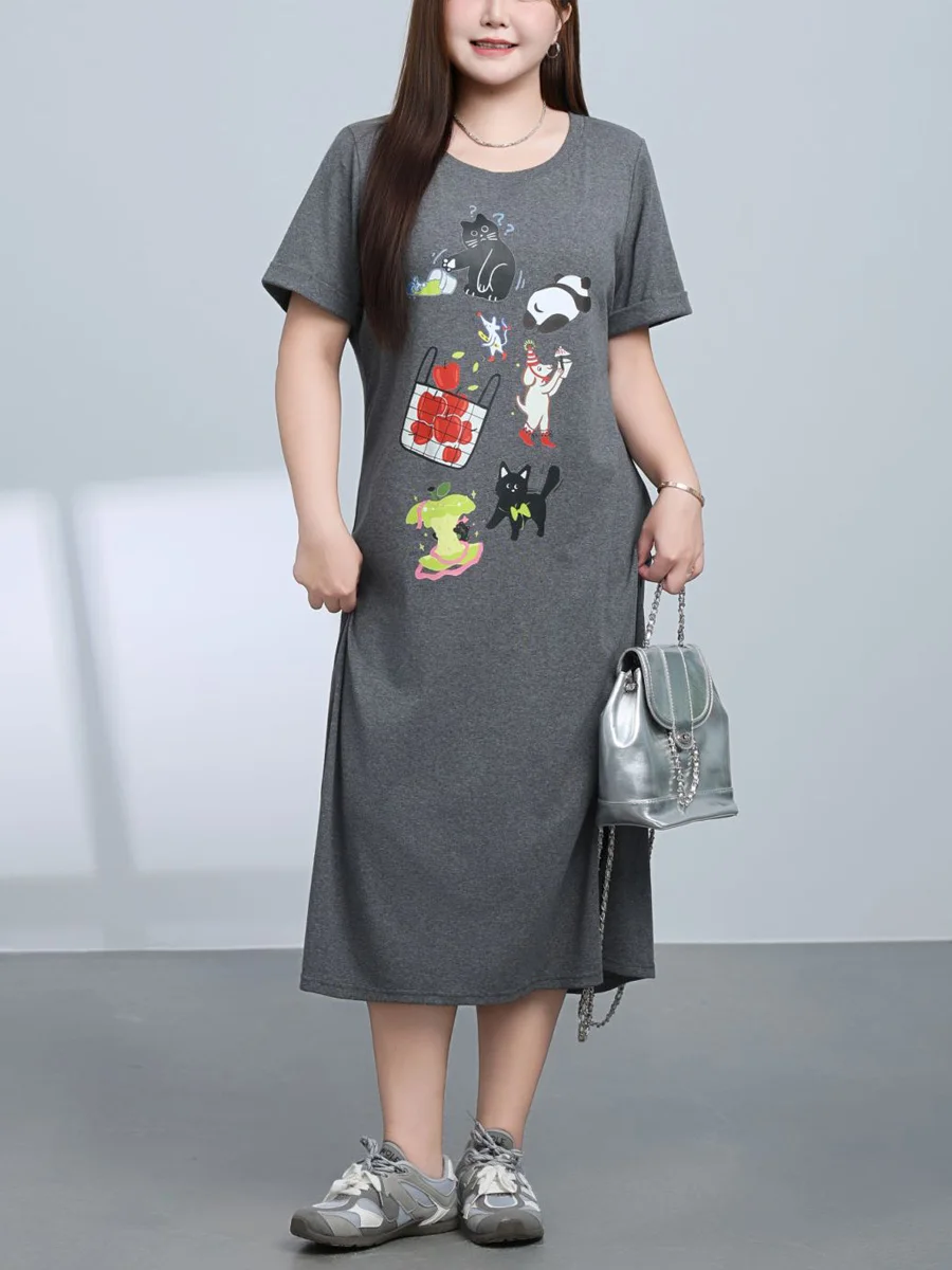 

Летнее свободное платье-футболка в цирковом стиле, большие размеры, женские длинные платья трапециевидной формы с круглым вырезом и короткими рукавами с принтом по бокам