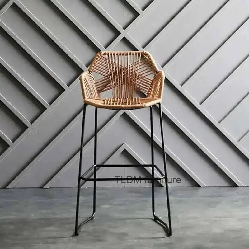 

Stools High Bar Chairs Wrought Iron Modern for Kitchen Nordic Bar Furniture PP Rattan Back Home Cafe Outdoor Restaurant Armchair