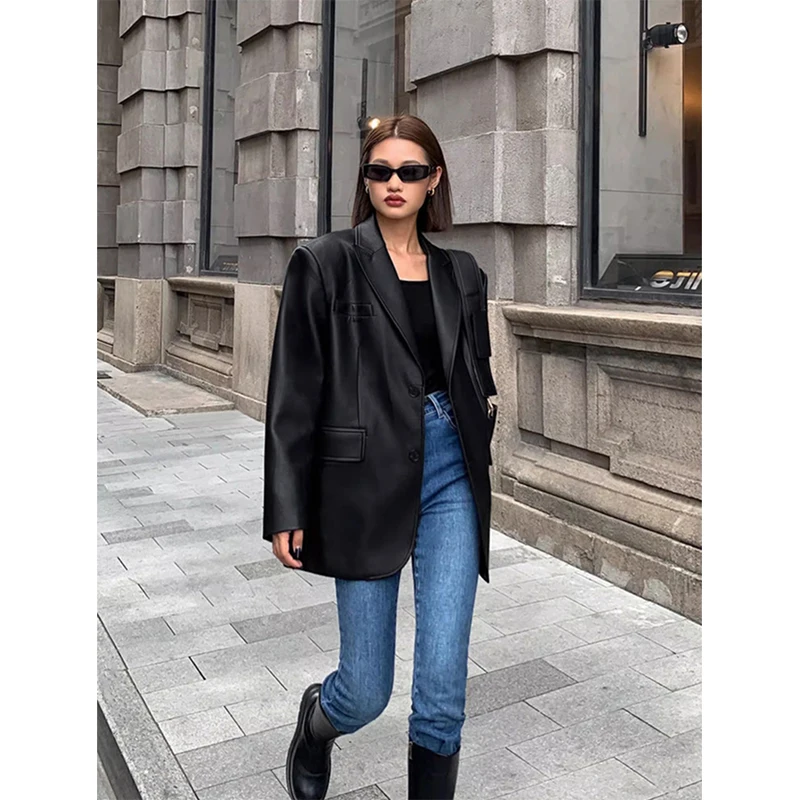 MEXZT Vintage Black Pu Leather Jacket Women Streetwear Oversized Motorcycle Coat Ladies Korean Blazer Fall Winter Chic Outerwear