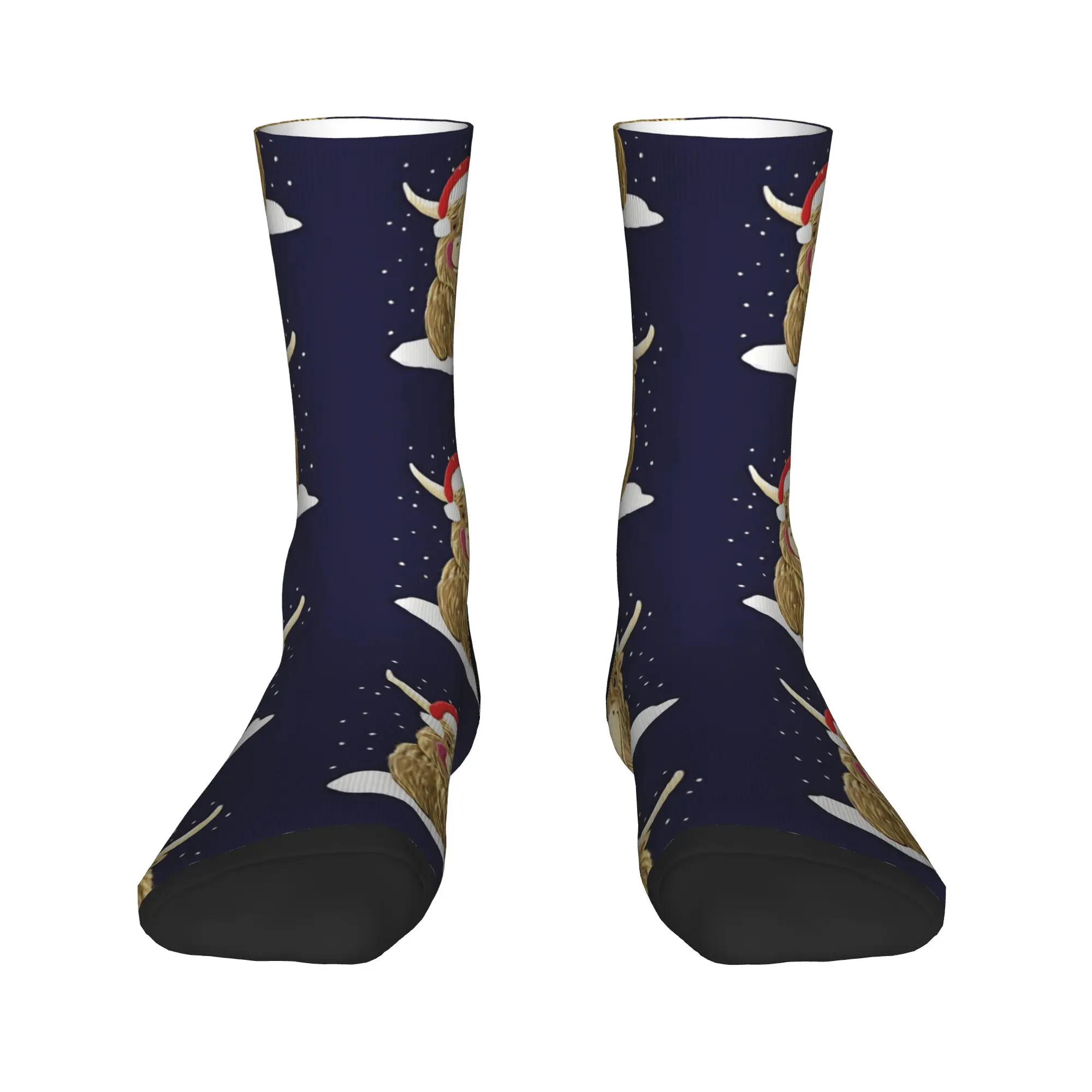 Kaus Kaki Motif Sapi Highland Skotlandia di Salju Natal, Kaus Kaki Fashion Musim Semi Anti Selip untuk Pria, Kaus Kaki Lari Hangat Lembut Bermotif