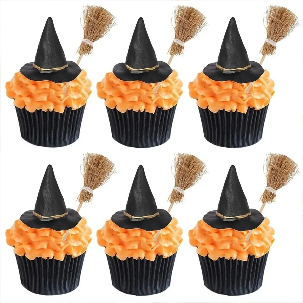 10/12/24 Stück Halloween-Hexenhut-Cupcake-Topper aus Kunstharz, Hexenhüte, Besen-Kuchendekoration, Zauberer-Geburtstagsdekoration, Happy Halloween Kuchendekoration