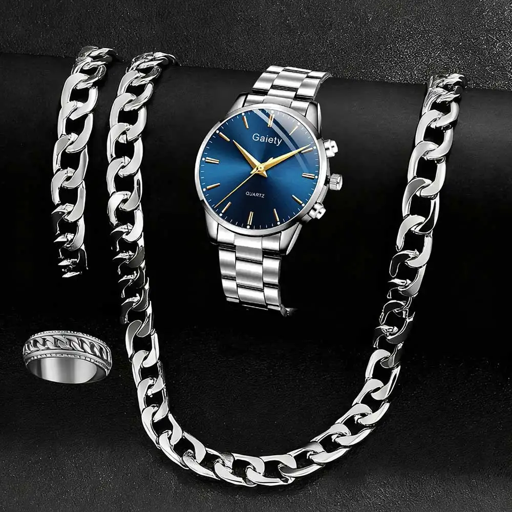 4PC Silver Men Watch Set Business Trend Simple Lines Scale Blue Round Dial Quartz Watch Bracelet Necklace Ring Set Perfect Gift