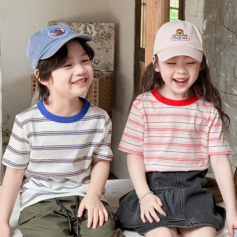 New Children's T-shirt Striped Printed Sailor Suit Imitation Cotton Boys And Girls Micro Elastic Kids Home Pajamas