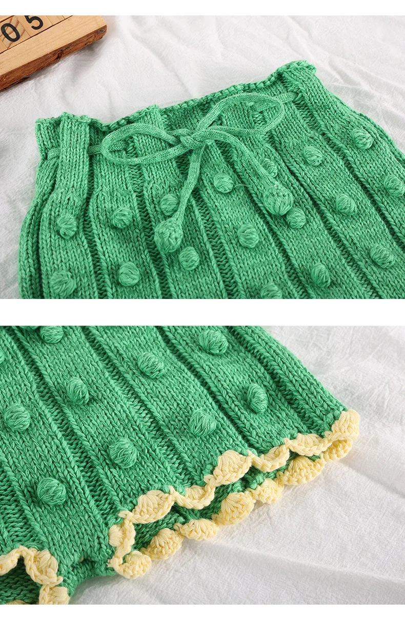 Toddler Girl Pom Pom Short Pants 4 Season Knitwear 100% Cotton Drawstring Shorts Knitting Clothes for Girls