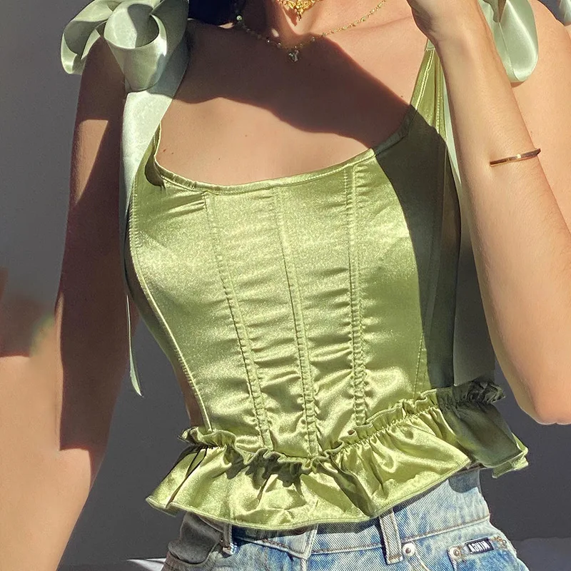 Sexy Women Satin Bowknot Green Corset Tank Tops Lotus Side Halter Bustier Summer Fashion Lingerie Body Shaper Top Slim Fit Camis