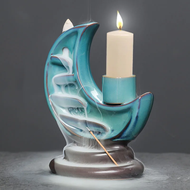 

1pc 3 in1 Ceramic Moon Waterfall Incense Burner with Backflow Feature Candle Holder & Incense Stick Burner (Without Incense）