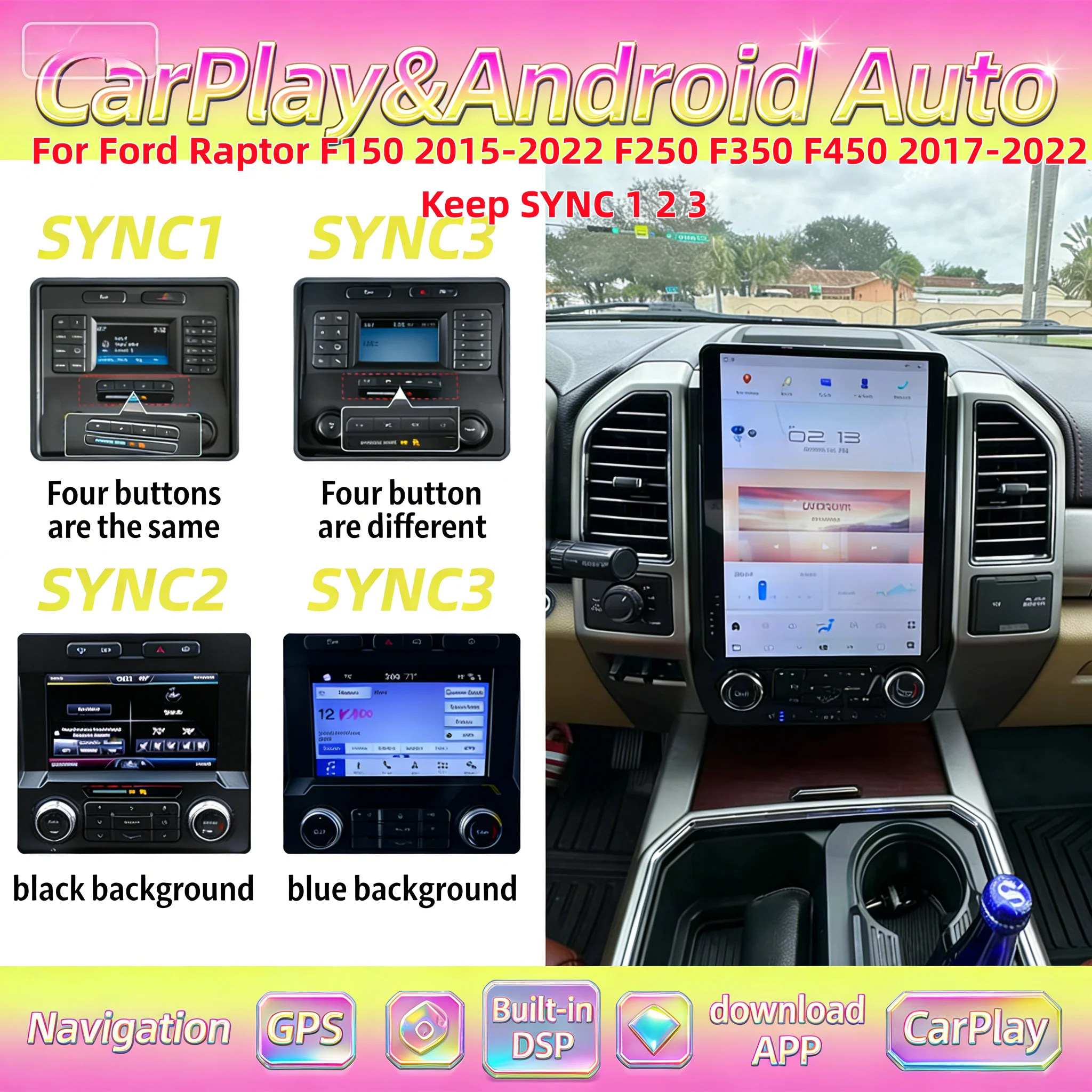 

Для Ford F150 F250 F350 2015-2022: Автомобильный GPS-навигатор и мультимедийный плеер в стиле Android с CarPlay, HD-стерео, 4G