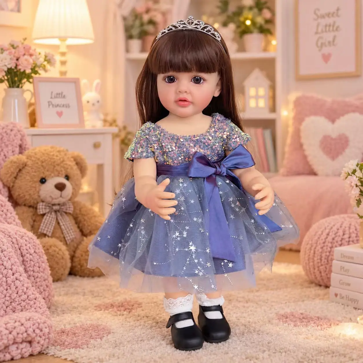 22 Inch 55CM Lifelike Reborn Princess Doll Long Dark Brown Hair Full Vinyl Body Blue Sequin Star Tulle Dress Rhinestone Tiara Can Bathe Kids Role Play Toy Birthday Christmas Gift