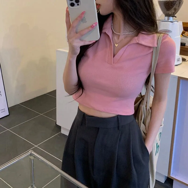 Women's Pure Seductive Sweet and Spicy Short-Style Design Summer Slim-Fit Short-Sleeve Polo Shirt for Women Student Top