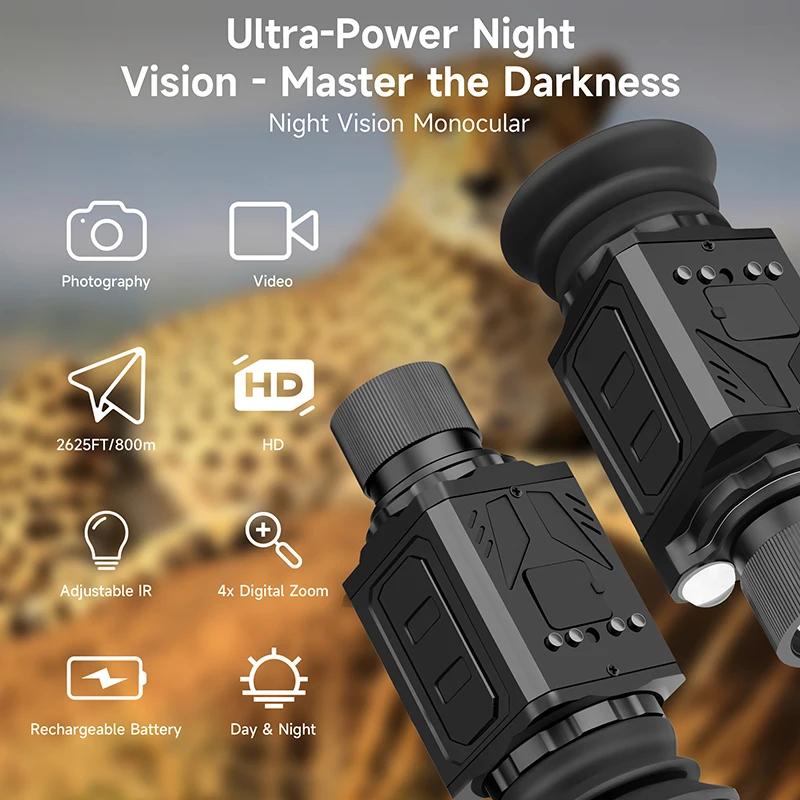 XILETU تلسكوب أحادي العين للصيد في الهواء الطلق بمدى 800 متر، رؤية ليلية حرارية عالية الدقة مع تكبير رقمي 7x بصري 4x للحياة البرية