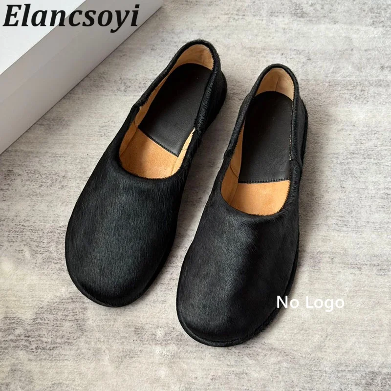 Single Shoes Women's Spring Autumn Genuine Leather Versatile Flat Shoes Round Toe Fur Shallow Mouth Solid Color Retro Loafer