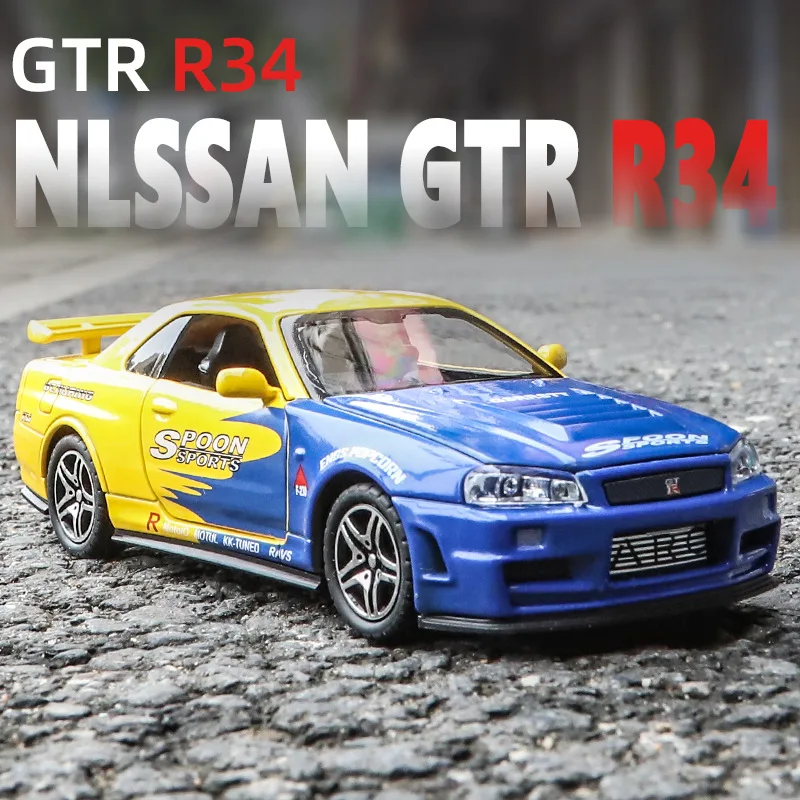 1:32 Nissan Skyline Ares GTR R34 lega modello di auto sportiva pressofuso giocattolo in metallo modello di auto da corsa simulazione suono luce regalo per bambini