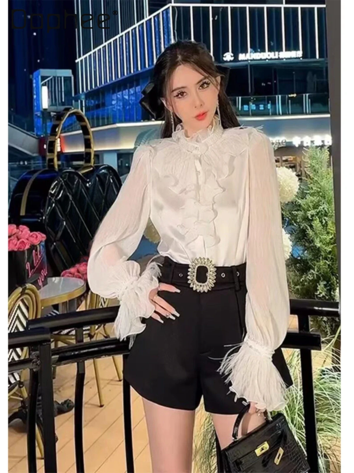 

Elegant White Ruffle Blouse Women Autumn 2024 Retro Ostrich Feather Puff Sleeve Stand Collar See Through Shirts Ladies Top