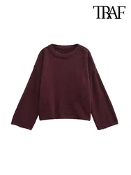 TRAF-Oversized Sweter z dzianiny dla kobiet, O Neck, długi rękaw, damskie swetry, eleganckie topy, moda