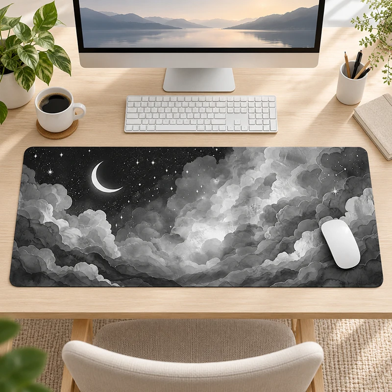 Mouse Pad Black White Crescent Moon Clouds Gamer XL HD Custom Mousepad XXL Playmat Soft Office Accessories Desktop Mouse Pad