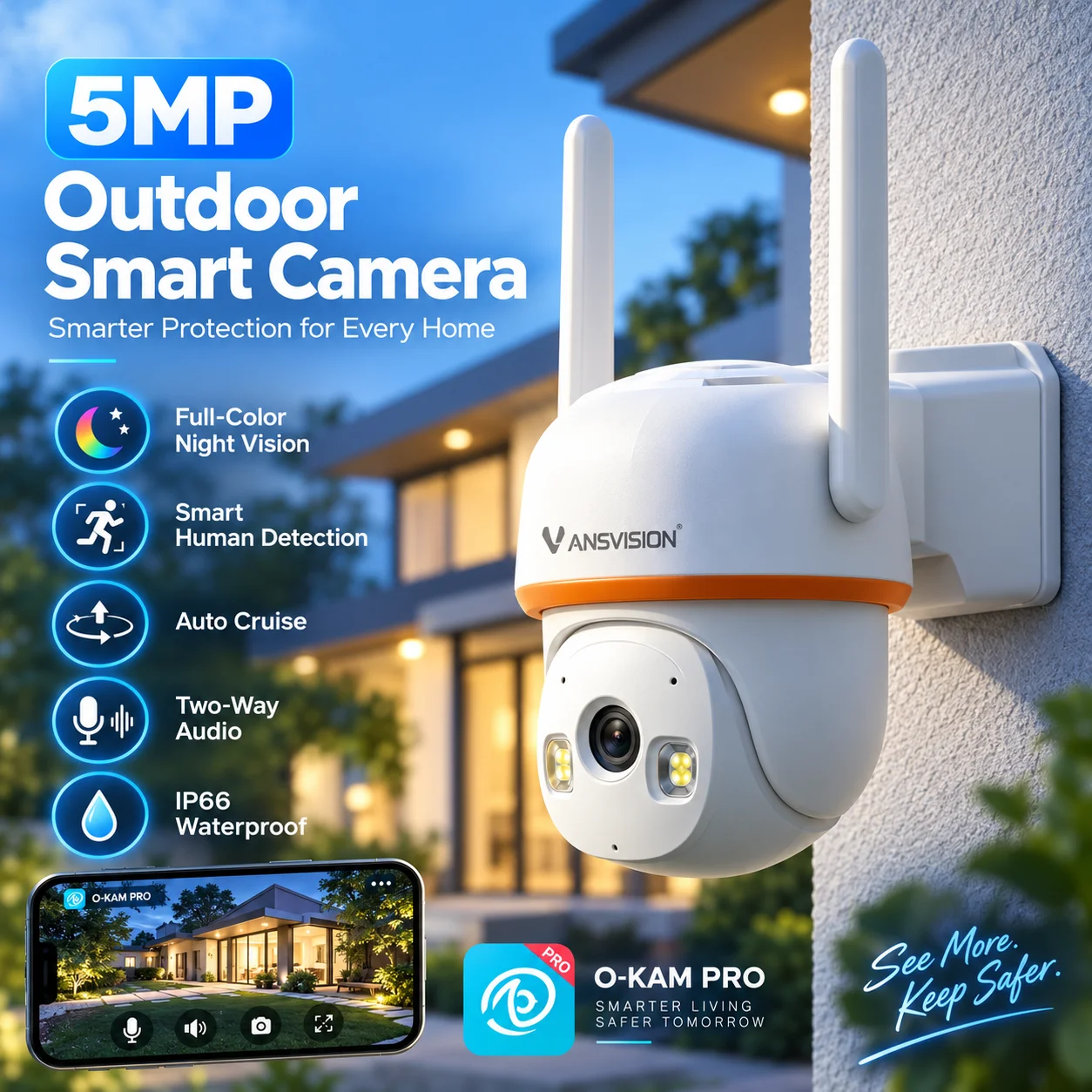 HS30 5MP CMOS PTZ Security Camera Wired Wireless Motion Detection Human Framing 50M IR Night Vision 256GB SD Card Cloud Storage