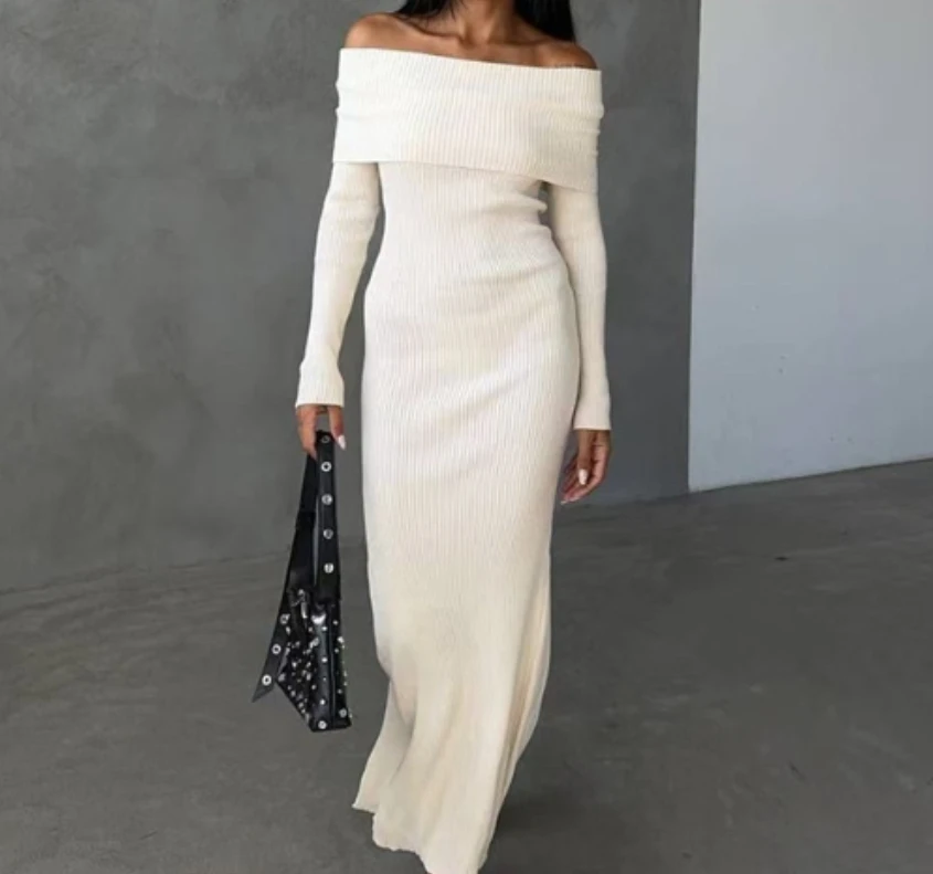2025 Autumn/Winter New Style Off-the-Shoulder Knitted A-line Sexy Dress