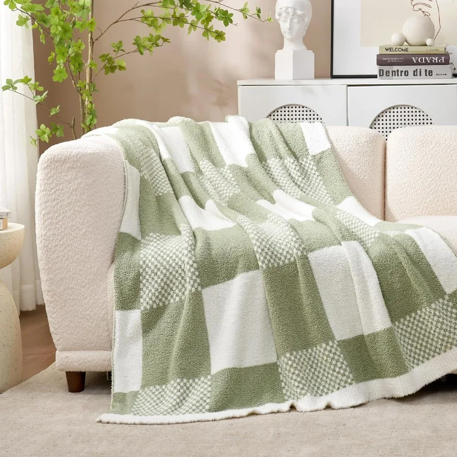 بطانية مربعة باللون الأخضر المريمية للأريكة: بطانية رمي من الألياف الدقيقة منقوشة قابلة للعكس مقاس 50 × 60 بوصة من القماش الناعم المريح والغامض